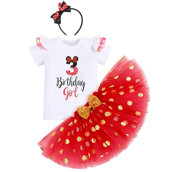 IBTOM CASTLE Toddler Girls 1st 2nd 3rd Birthday Outfit Princess Polka Dots Ruffle Tutu Skirt Mouse Headband Cake Smash Party Clothes Set 3 Years Red