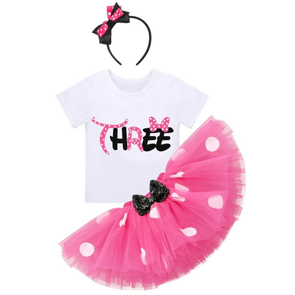 IBTOM CASTLE Toddler Girls 3rd Birthday Outfit Polka Dots Romper Tutu Dress Mouse Headband Princess Skirt 3PCS Set for Photo Shoot 3 Years Hot Pink - Black