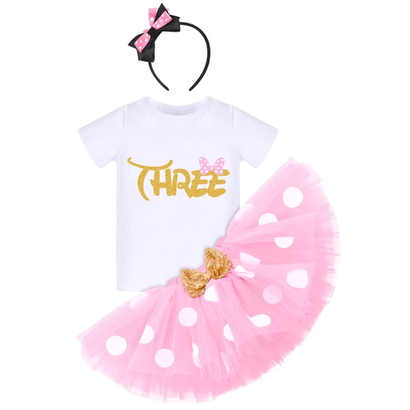 IBTOM CASTLE Toddler Girls 3rd Birthday Outfit Polka Dots Romper Tutu Dress Mouse Headband Princess Skirt 3PCS Set for Photo Shoot 3 Years Pink