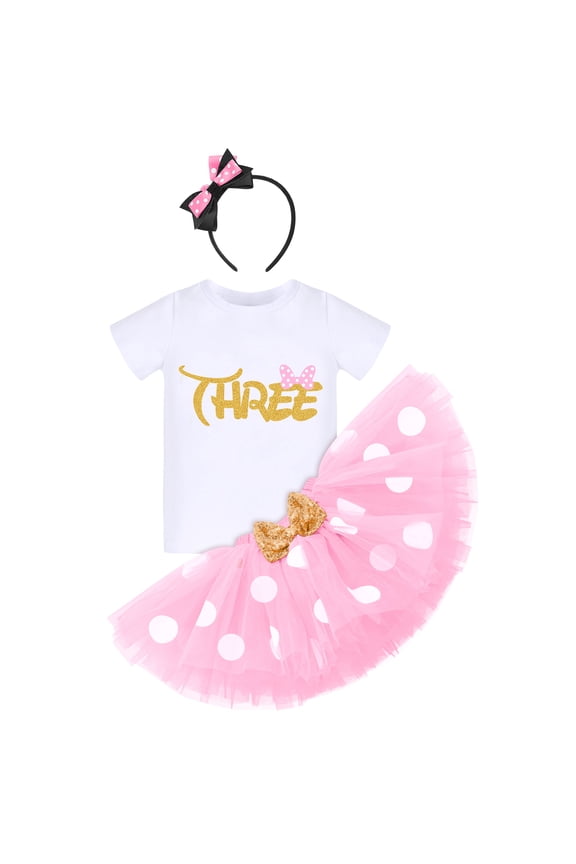Toddler Girls 3rd Birthday Outfit Polka Dots Romper Tutu Dress Mouse Headband Princess Skirt 3PCS Set for Photo Shoot 3 Years Pink