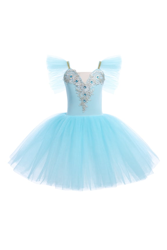 Toddler Girls Ballet Leotards Glitter Tulle Skirt Ruffle Sleeve Tutu Dresses with Hair Clip Dancewear Outfit 11-12 Years Blue
