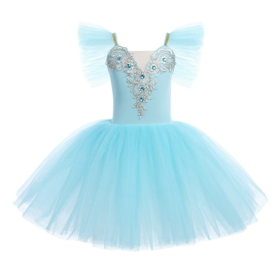 IBTOM CASTLE Toddler Girls Ballet Leotards Glitter Tulle Skirt Ruffle Sleeve Tutu Dresses with Hair Clip Dancewear Outfit 13-14 Years Blue