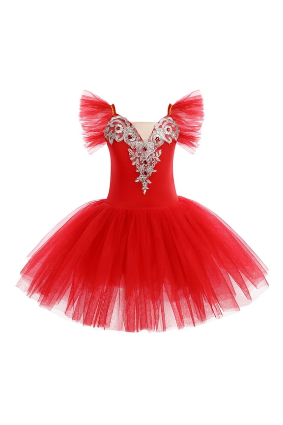 Toddler Girls Ballet Leotards Glitter Tulle Skirt Ruffle Sleeve Tutu Dresses with Hair Clip Dancewear Outfit 4-5 Years Red