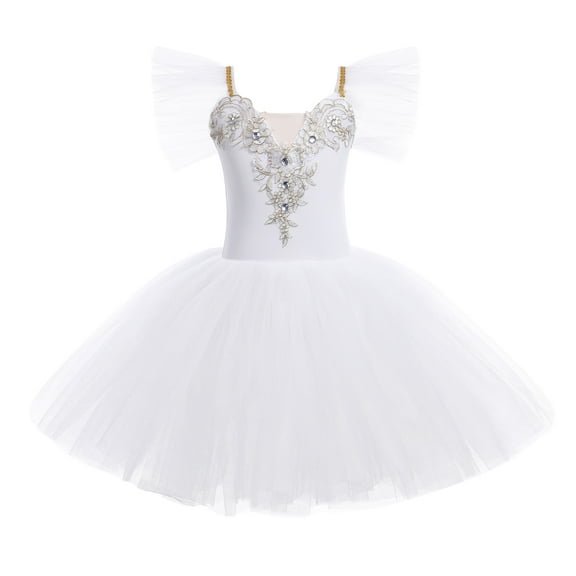 IBTOM CASTLE Toddler Girls Ballet Leotards Glitter Tulle Skirt Ruffle Sleeve Tutu Dresses with Hair Clip Dancewear Outfit 4-5 Years White
