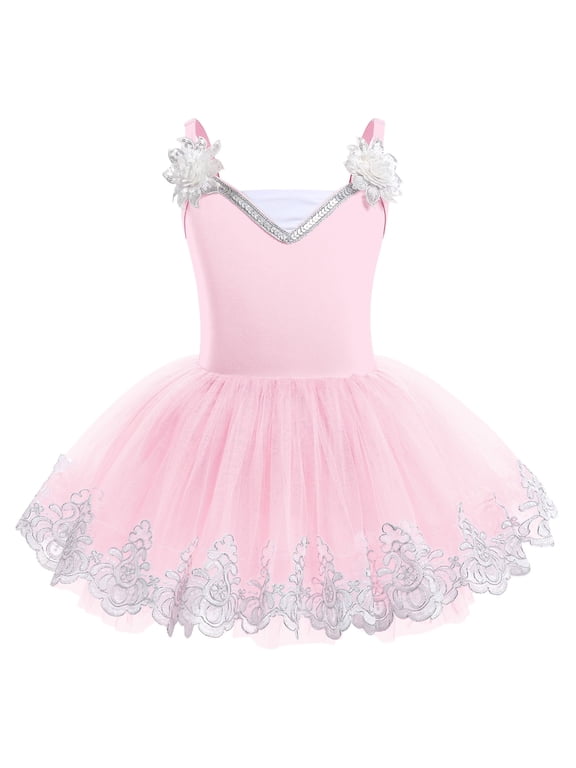 Toddler Girls Ballet Leotards Sequin Flower Camisole Ballet Dance Dress Tulle Tutu Skirt Leotard Ballerina Dancewear 3-4 Years Pink