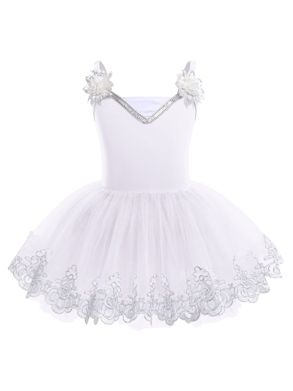 Toddler Girls Ballet Leotards Sequin Flower Camisole Ballet Dance Dress Tulle Tutu Skirt Leotard Ballerina Dancewear 9-10 Years White