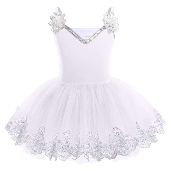 IBTOM CASTLE Toddler Girls Ballet Leotards Sequin Flower Camisole Ballet Dance Dress Tulle Tutu Skirt Leotard Ballerina Dancewear 9-10 Years White