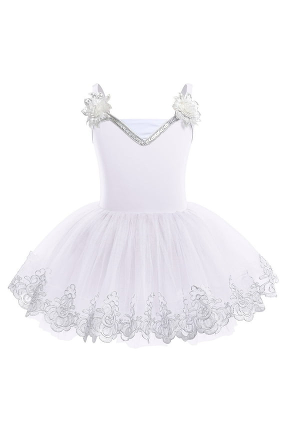 Toddler Girls Ballet Leotards Sequin Flower Camisole Ballet Dance Dress Tulle Tutu Skirt Leotard Ballerina Dancewear 9-10 Years White