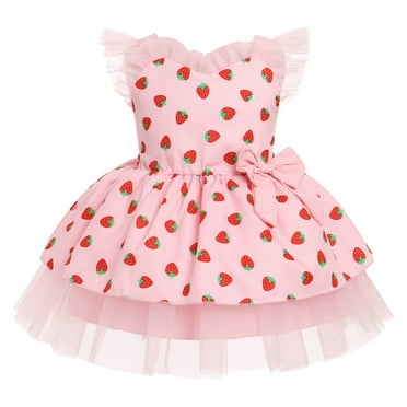 IBTOM CASTLE Toddler Girls Birthday Dress Cow Strawberry Shiny Confetti Tulle Princess Party Dresses for Cake Smash Photo Shoot 12-18 Months Pink Strawberry