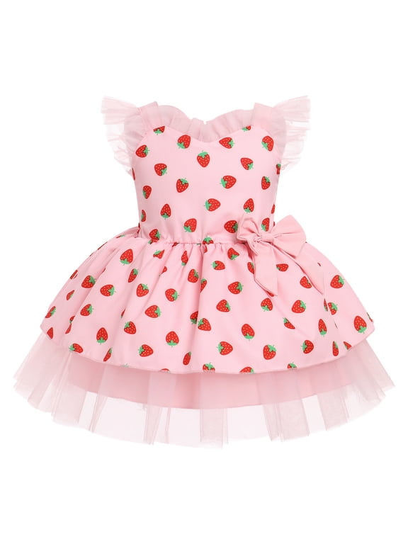 Toddler Girls Birthday Dress Cow Strawberry Shiny Confetti Tulle Princess Party Dresses for Cake Smash Photo Shoot 12-18 Months Pink Strawberry