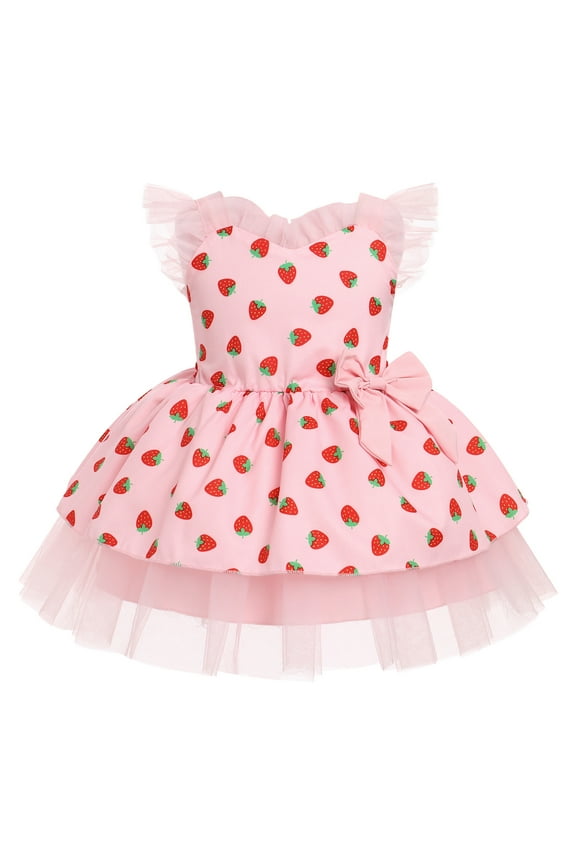 Toddler Girls Birthday Dress Cow Strawberry Shiny Confetti Tulle Princess Party Dresses for Cake Smash Photo Shoot 2-3 Years Pink Strawberry