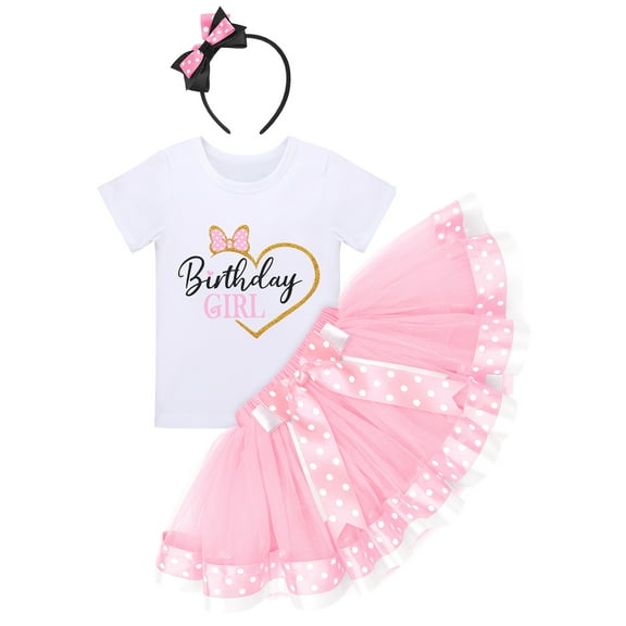 IBTOM CASTLE Toddler Girls Birthday Outfit Polka Dots Tops Tutu Skirt Mouse Ears Headband for Cake Smash Photo Shoot 3 Years Pink - Love Heart