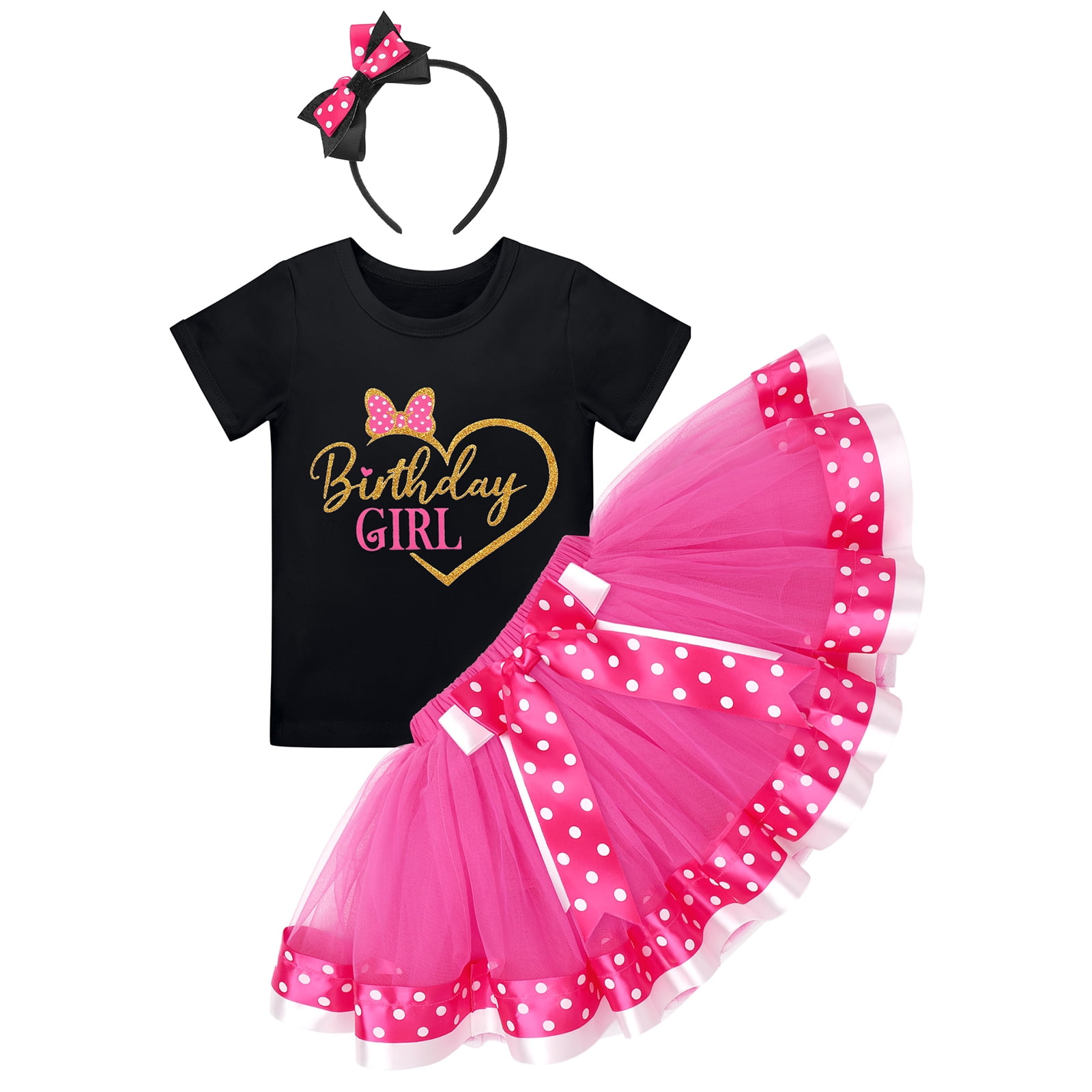IBTOM CASTLE Toddler Girls Birthday Outfit Polka Dots Tops Tutu Skirt Mouse Ears Headband for Cake Smash Photo Shoot 5 Years Black + Hot Pink - Love Heart