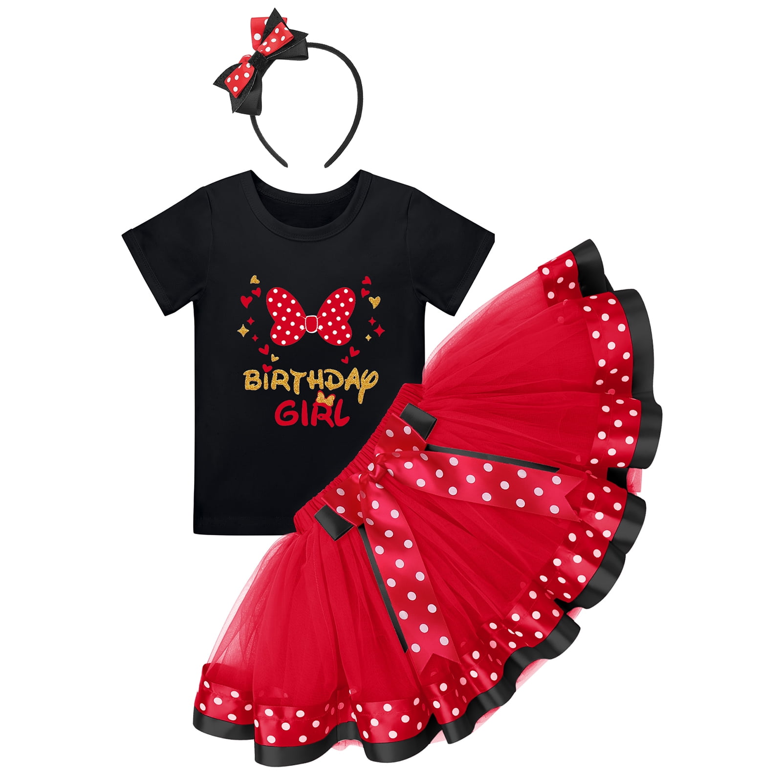 IBTOM CASTLE Toddler Girls Birthday Outfit Polka Dots Tops Tutu Skirt Mouse Ears Headband for Cake Smash Photo Shoot 3 Years Black + Red - Bowknot