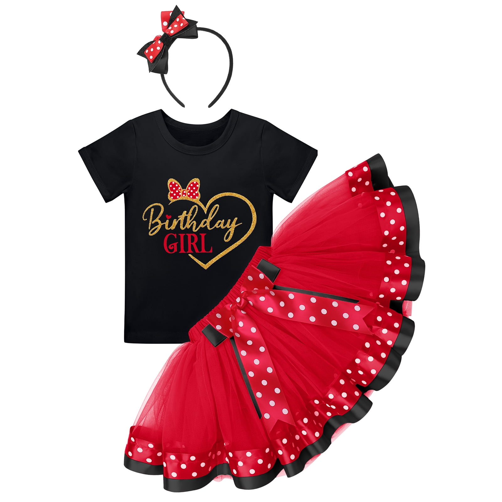 IBTOM CASTLE Toddler Girls Birthday Outfit Polka Dots Tops Tutu Skirt Mouse Ears Headband for Cake Smash Photo Shoot 4 Years Black + Red - Love Heart