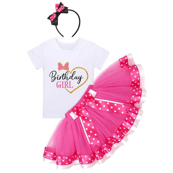IBTOM CASTLE Toddler Girls Birthday Outfit Polka Dots Tops Tutu Skirt Mouse Ears Headband for Cake Smash Photo Shoot 4 Years Hot Pink - Love Heart