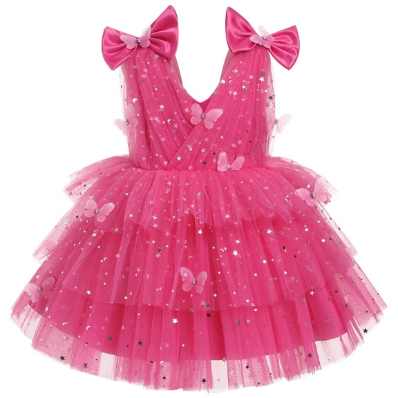 IBTOM CASTLE Toddler Girls Butterfly Birthday Dress Rainbow Tulle Formal Wedding Party Ruffle Tutu Dresses Photo Shoot 2-3 Years Hot Pink