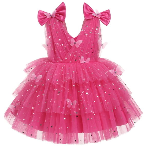 IBTOM CASTLE Toddler Girls Butterfly Birthday Dress Rainbow Tulle Formal Wedding Party Ruffle Tutu Dresses Photo Shoot 3-4 Years Hot Pink