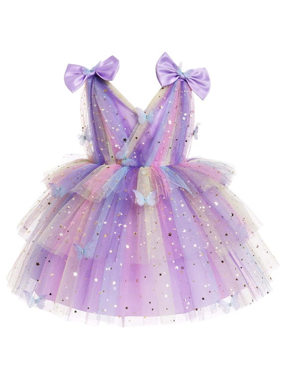 Toddler Girls Butterfly Birthday Dress Rainbow Tulle Formal Wedding Party Ruffle Tutu Dresses Photo Shoot 3-4 Years Rainbow Purple
