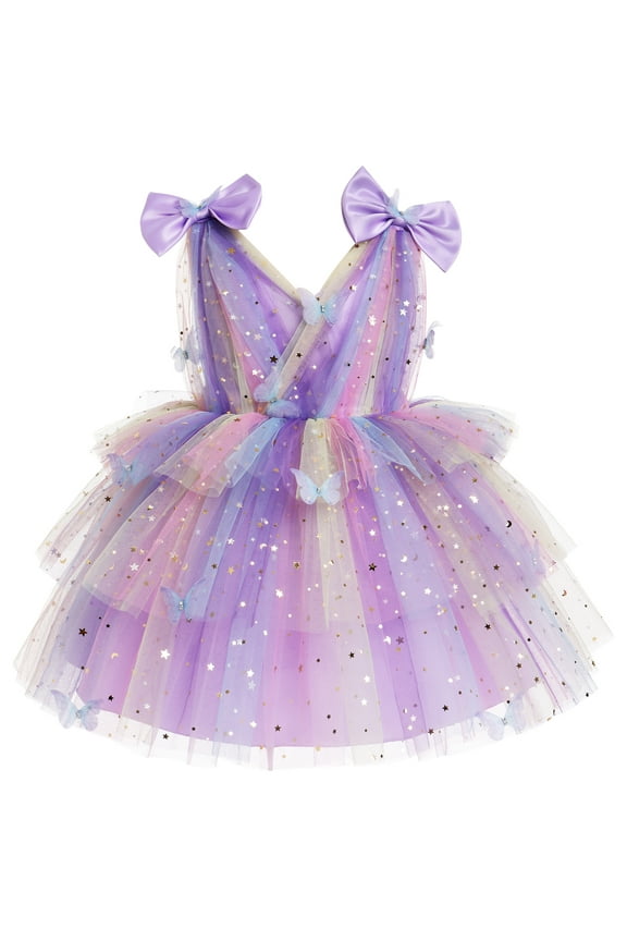 Toddler Girls Butterfly Birthday Dress Rainbow Tulle Formal Wedding Party Ruffle Tutu Dresses Photo Shoot 4-5 Years Rainbow Purple