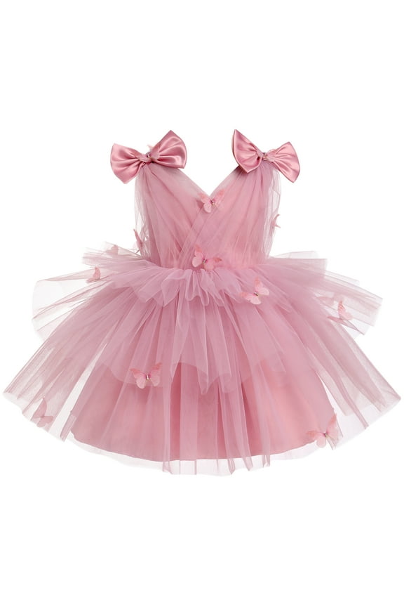 Toddler Girls Butterfly Birthday Dress Rainbow Tulle Formal Wedding Party Ruffle Tutu Dresses for Photo Shoot 12-18 Months Dusty Pink
