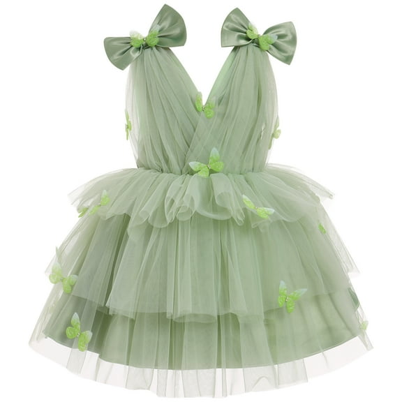 IBTOM CASTLE Toddler Girls Butterfly Birthday Dress Rainbow Tulle Formal Wedding Party Ruffle Tutu Dresses for Photo Shoot 2-3 Years Sage Green
