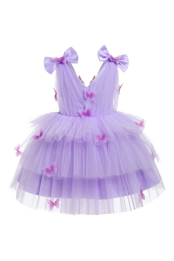 Toddler Girls Butterfly Birthday Dress Rainbow Tulle Formal Wedding Party Ruffle Tutu Dresses for Photo Shoot 3-4 Years Purple