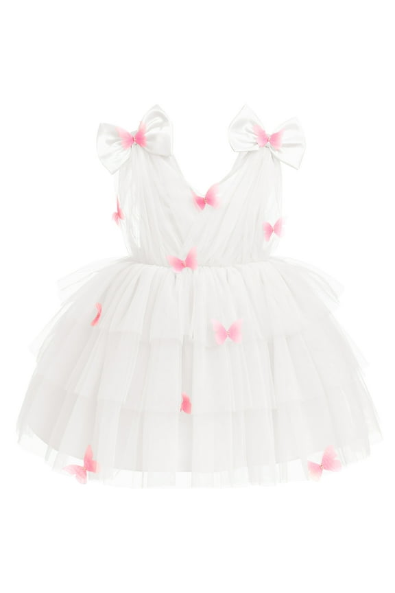 Toddler Girls Butterfly Birthday Dress Rainbow Tulle Formal Wedding Party Ruffle Tutu Dresses for Photo Shoot 3-4 Years White