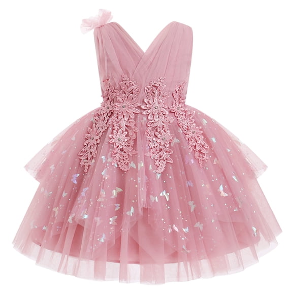 IBTOM CASTLE Toddler Girls Butterfly Birthday Dress Ruffle Tulle Flower Girl Wedding Pageant Formal Party Dress Floral Shiny Butterfly for Photo Shoot 18-24 Months Dusty Pink