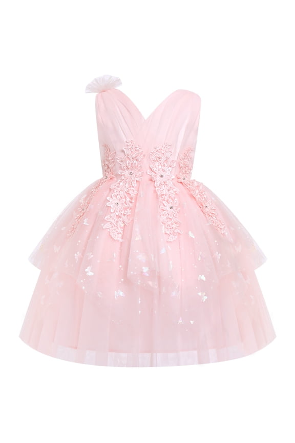 Toddler Girls Butterfly Birthday Dress Ruffle Tulle Flower Girl Wedding Pageant Formal Party Dress Floral Shiny Butterfly for Photo Shoot 3-4T Pink