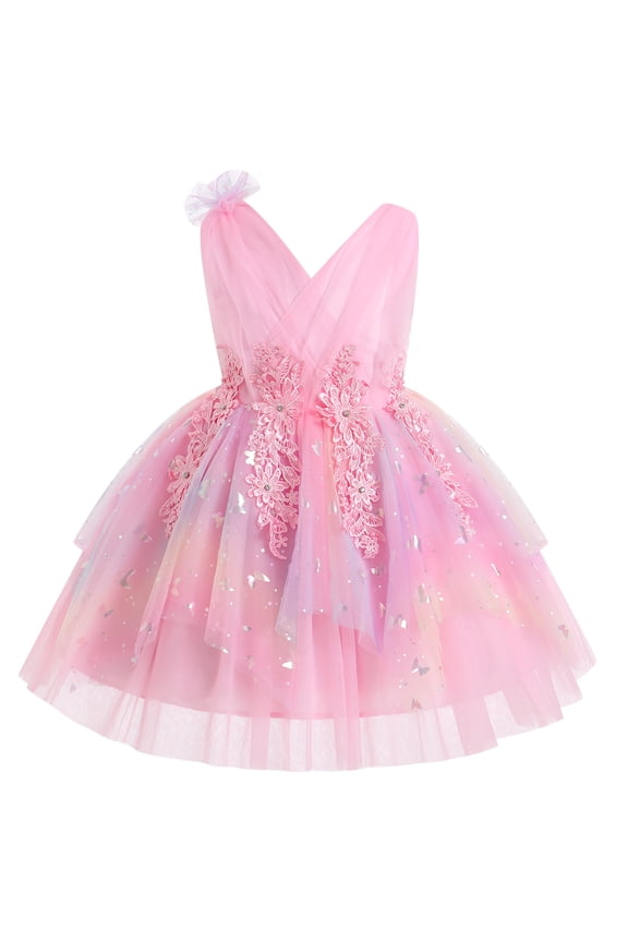 Toddler Girls Butterfly Birthday Dress Ruffle Tulle Flower Girl Wedding Pageant Formal Party Dress Floral Shiny Butterfly for Photo Shoot 3-4T Rainbow Pink
