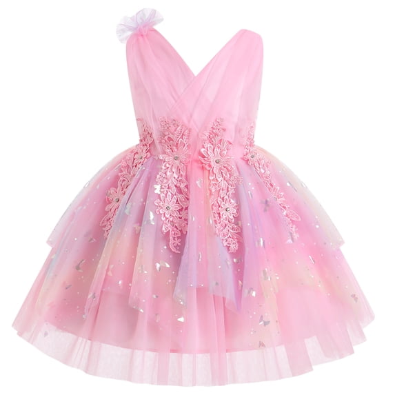 IBTOM CASTLE Toddler Girls Butterfly Birthday Dress Ruffle Tulle Flower Girl Wedding Pageant Formal Party Dress Floral Shiny Butterfly for Photo Shoot 5-6 Years Rainbow Pink