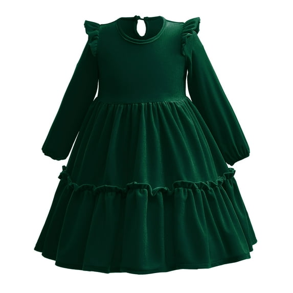 IBTOM CASTLE Toddler Girls Christmas Velvet Dress Pageant Party Gown Kids Fall Winter Ruffle Long Sleeve Wedding Birthday Evening Dress 5-6 Years Green