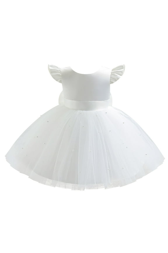 Toddler Baby Girls Flower Bowknot V Back Tutu Dress Baby Princess Wedding Bridesmaid Birthday Party Pageant Baptism Formal Dresses 12-18 Months White