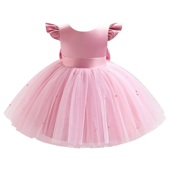 IBTOM CASTLE Toddler Baby Girls Flower Bowknot V Back Tutu Dress Baby Princess Wedding Bridesmaid Birthday Party Pageant Baptism Formal Dresses 6-12 Months Pink