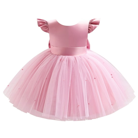IBTOM CASTLE Toddler Baby Girls Flower Bowknot V Back Tutu Dress Baby Princess Wedding Bridesmaid Birthday Party Pageant Baptism Formal Dresses 6-12 Months Pink
