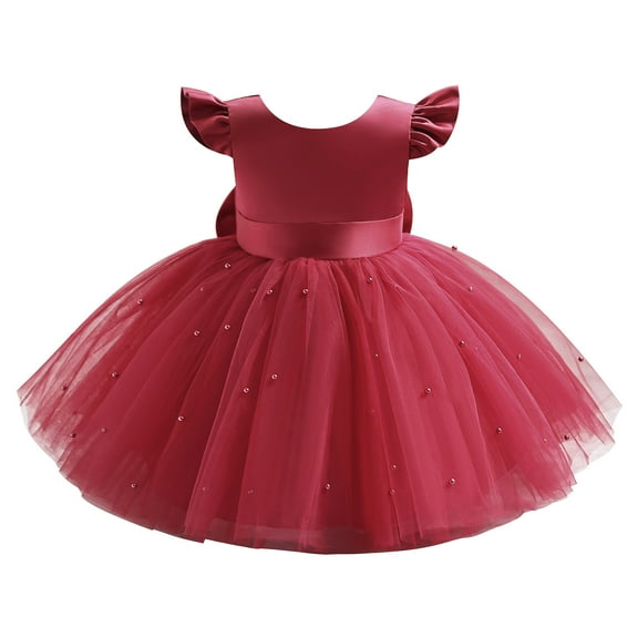 IBTOM CASTLE Toddler Baby Girls Flower Bowknot V Back Tutu Dress Baby Princess Wedding Bridesmaid Birthday Party Pageant Baptism Formal Dresses 6-12 Months Red