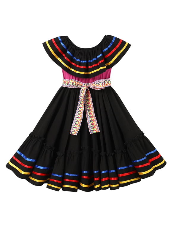 Toddler Girls Mexican Traditional Cinco de Mayo Fiesta Dress Rainbow Off Shoulder Folklorico Dresses 4-5 Years Black