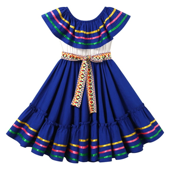 IBTOM CASTLE Toddler Girls Mexican Traditional Cinco de Mayo Fiesta Dress Rainbow Off Shoulder Folklorico Dresses 4-5 Years Blue