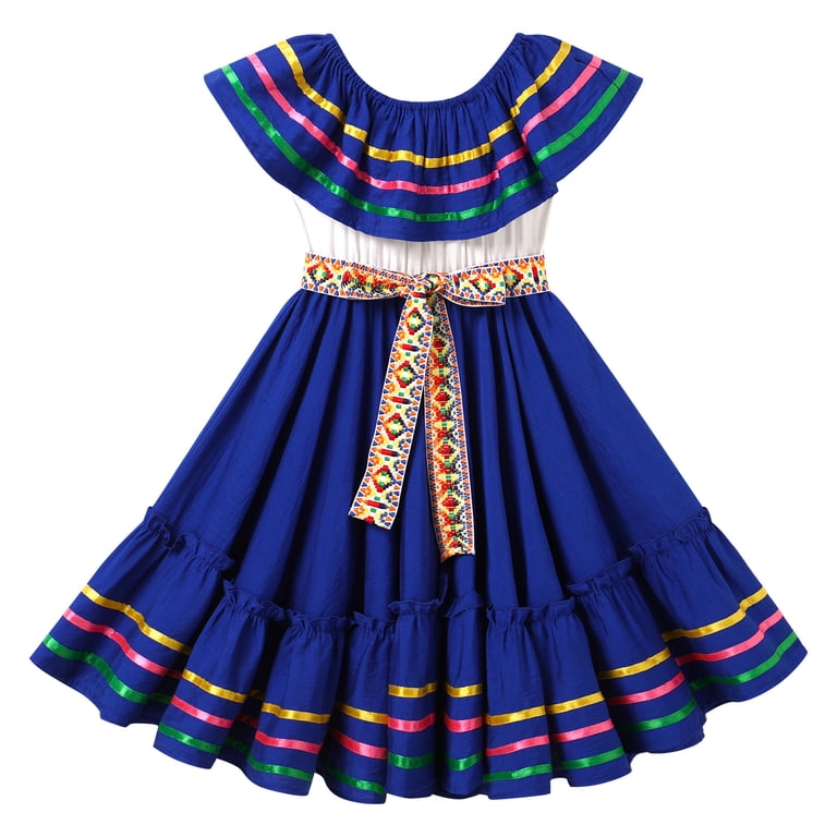 IBTOM CASTLE Toddler Girls Mexican Traditional Cinco de Mayo Fiesta Dress  Rainbow Off Shoulder Folklorico Dresses 4-5 Years Blue - Walmart.com