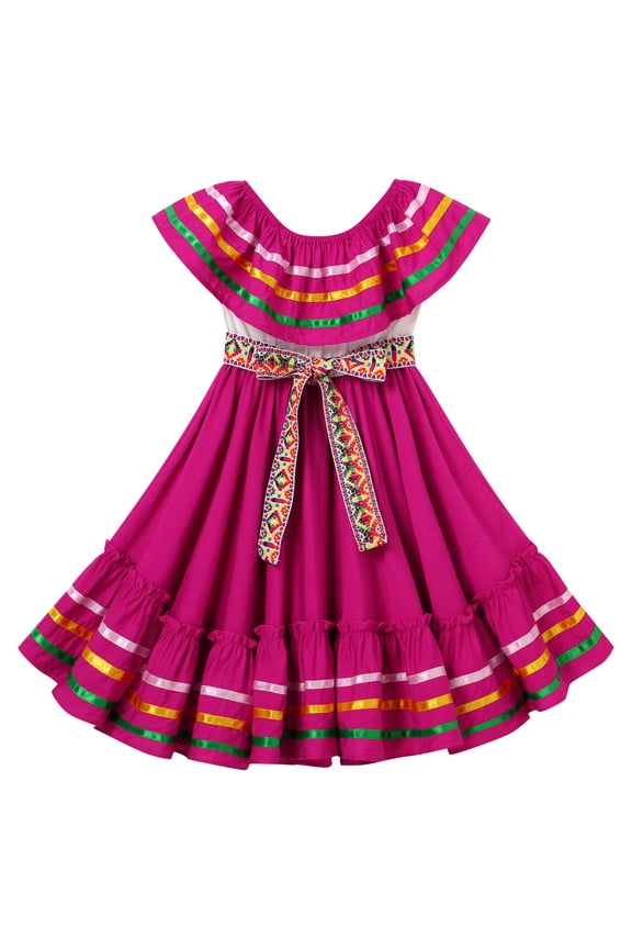 Toddler Girls Mexican Traditional Cinco de Mayo Fiesta Dress Rainbow Off Shoulder Folklorico Dresses 5-6 Years Hot Pink