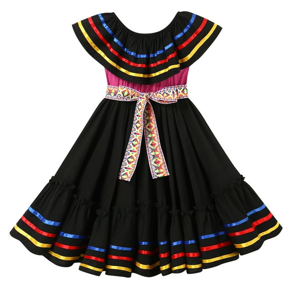 IBTOM CASTLE Toddler Girls Mexican Traditional Cinco de Mayo Fiesta Dress Rainbow Off Shoulder Folklorico Dresses 6-7 Years Black