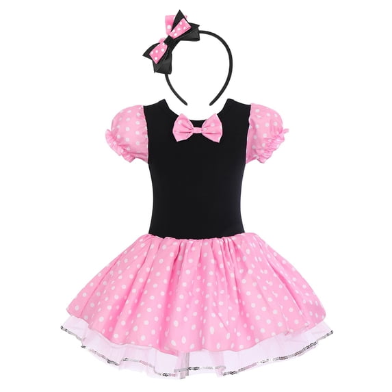 IBTOM CASTLE Toddler Girls Halloween Costume Polka Dots Fancy Dress up Kids Birthday Party Princess Dress with Cartoon Ear Headband 12-18 Months Pink