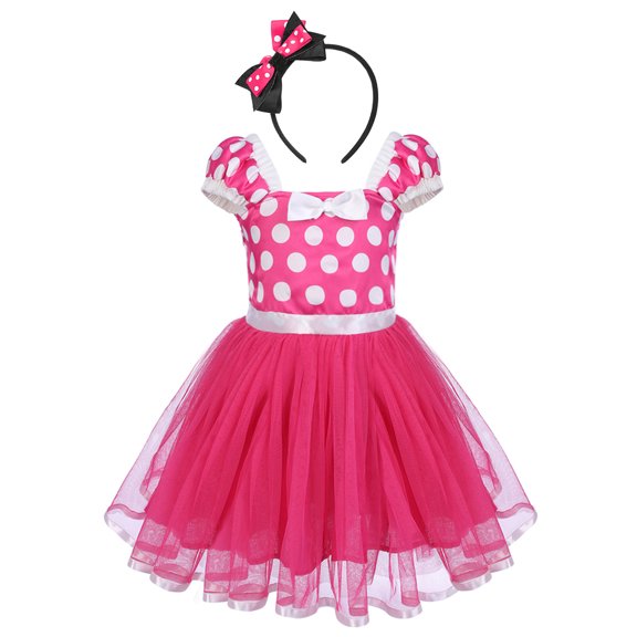IBTOM CASTLE Toddler Girls Polka Dots Princess Dress up Party Cosplay Pageant Fancy Costume Birthday Tutu Dress   Ears Headband Outfit Set 3-4 Years Hot Pink