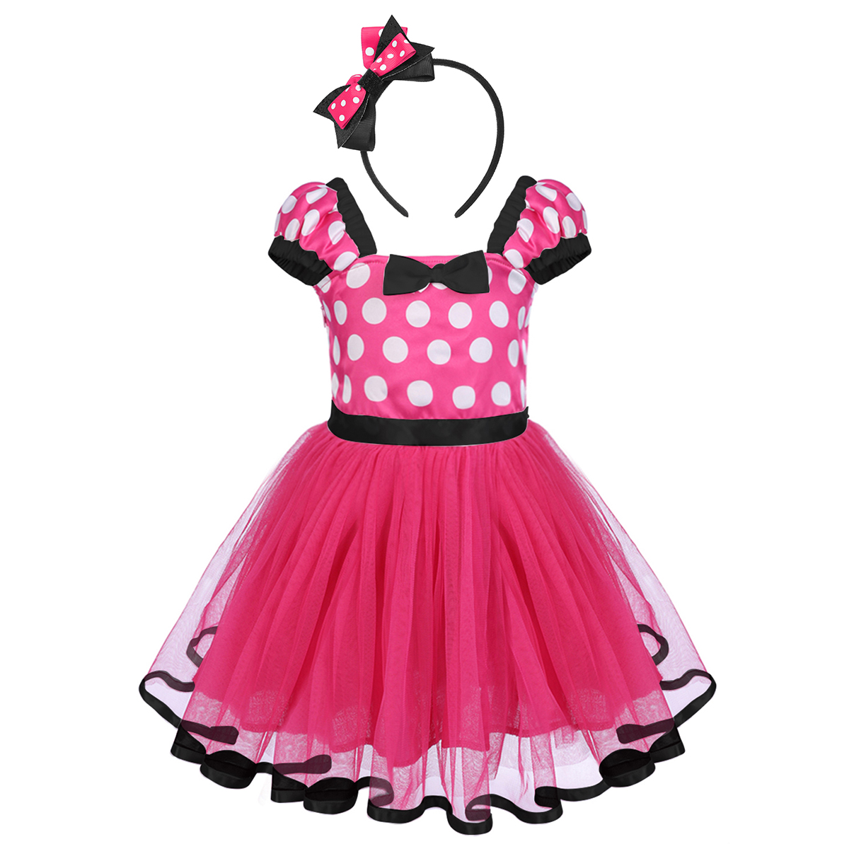 IBTOM CASTLE Toddler Girls Polka Dots Princess Party Cosplay Pageant Fancy Dress up Birthday Tutu Dress + Ears Headband Outfit Set 18-24 Months Hot Pink + Black - image 1 of 6