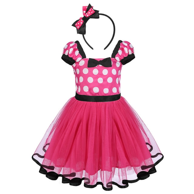 IBTOM CASTLE Toddler Girls Polka Dots Princess Party Cosplay Pageant Fancy Dress up Birthday Tutu Dress + Ears Headband Outfit Set 18-24 Months Hot Pink + Black