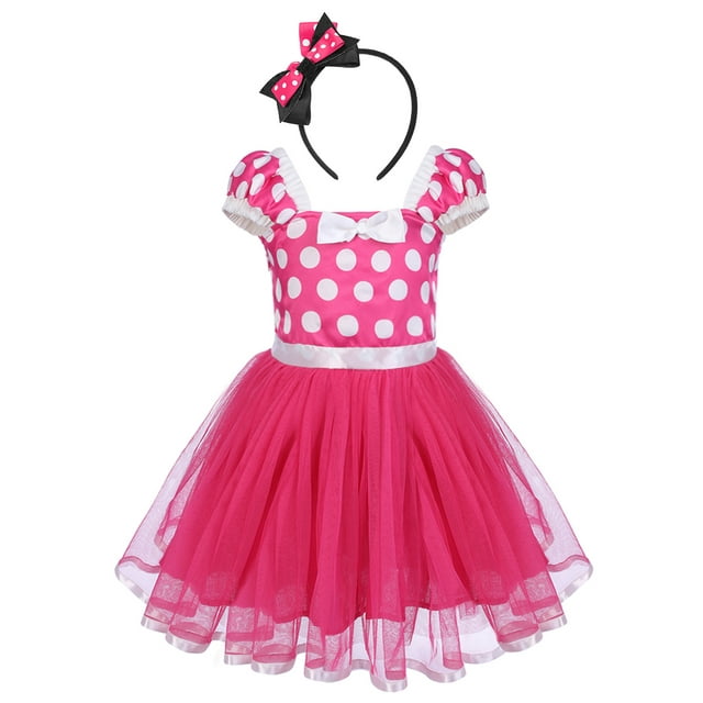 IBTOM CASTLE Toddler Girls Polka Dots Princess Party Cosplay Pageant Fancy Dress up Birthday Tutu Dress + Ears Headband Outfit Set 3-4 Years Hot Pink