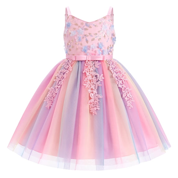 IBTOM CASTLE Toddler Girls Rainbow Tulle Birthday Dress Sequin Pageant Dress V-Neck Kids Birthday Princess Party Dress, Toddler Formal Ball Gown 6-7 Years Rainbow Powder