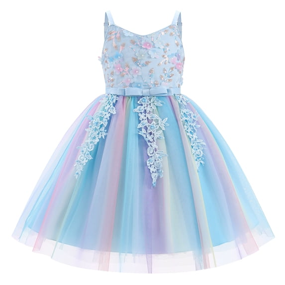 IBTOM CASTLE Toddler Girls Rainbow Tulle Birthday Dress Sequin Pageant Dress V-Neck Kids Birthday Princess Party Dress, Toddler Formal Ball Gown Blue