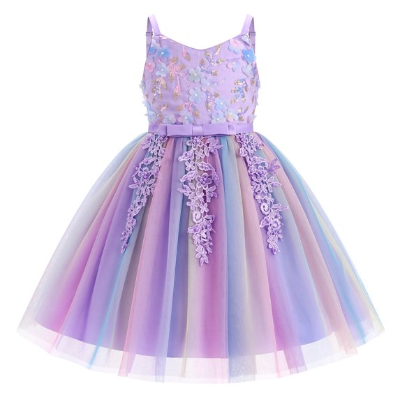IBTOM CASTLE Toddler Girls Rainbow Tulle Birthday Dress Sequin Pageant Dress V-Neck Kids Birthday Princess Party Dress, Toddler Formal Ball Gown Rainbow Purple